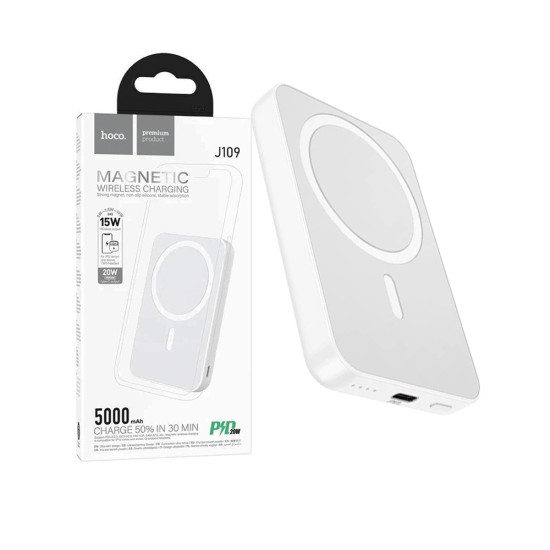 Power Bank Magnético Hoco J109 Easy para Carregamento Sem Fio PD20W 5000mAh Branco